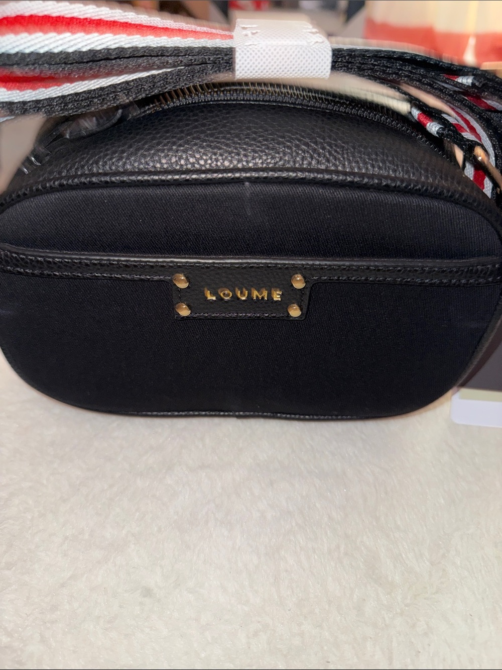 Black Crossbody Bag with Striped Detachable Strap